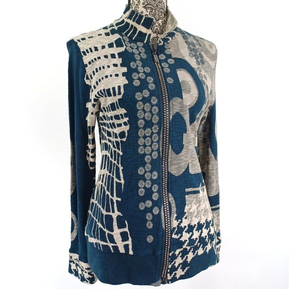 KATINA MARIE Sweater Rhinestone Zip Cardigan Abstract Graphic S - Picture 2 of 6